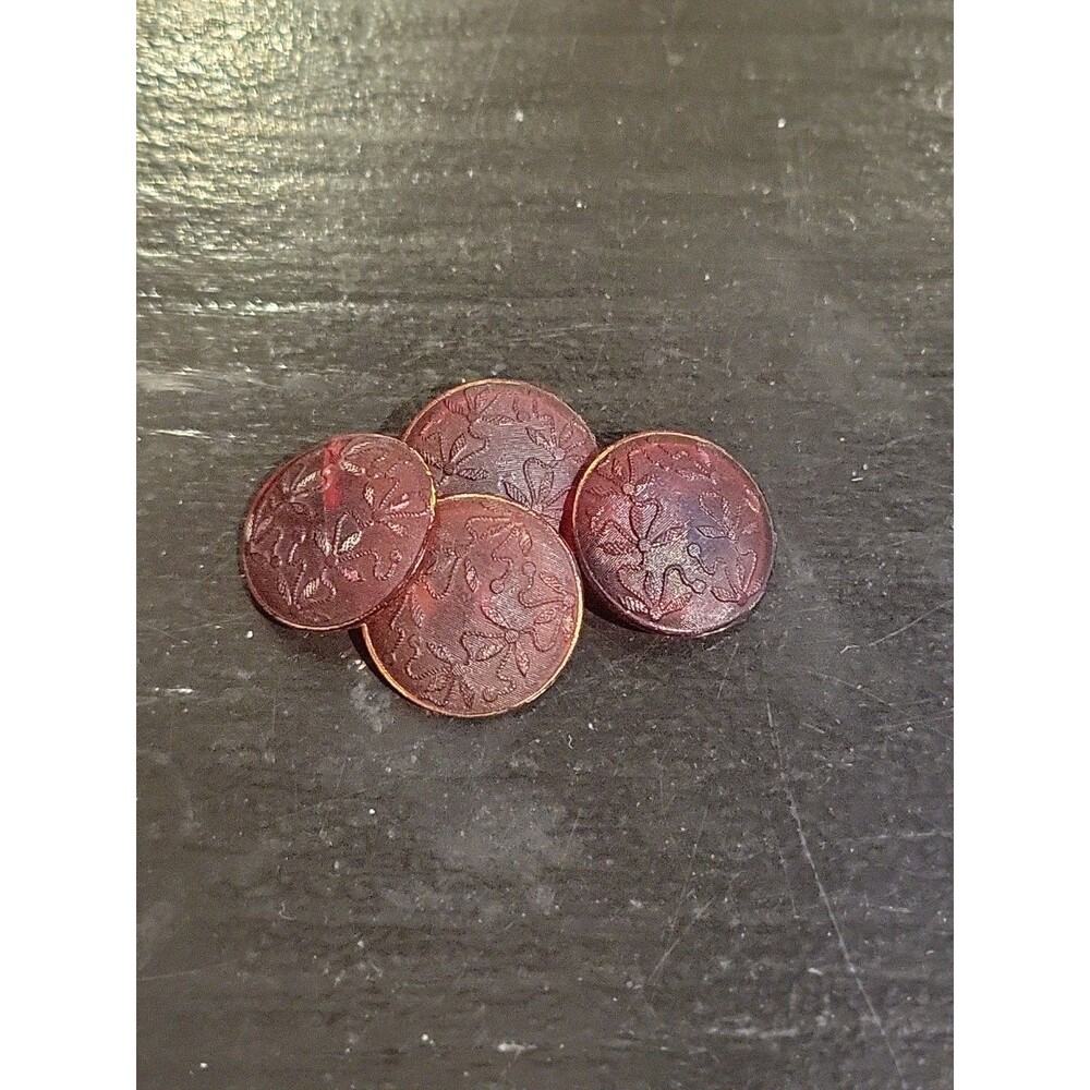 4 Antique? Vtg Buttons Orange Red Brass Floral Flowers